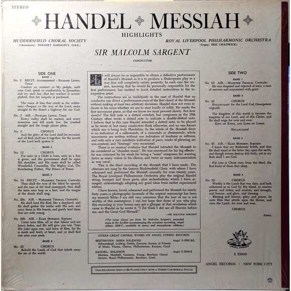 Sir Malcolm Sargent LP Handel: Messiah Highlights on Angel M-/M- Classical - Picture 2 of 4